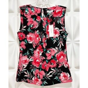 Calvin Klein Sz L Black Pink Floral Watercolor Slinky Pleated Blouse Top NWT NEW